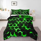 Erosebridal Geometric Comforter Set Queen Size,Teen Boys Green Black Neon Light Honeycomb Bedding Sets,Hexagon Comforter Modern Fashion Quilted Duvet 2 Pillow Cases Home Room Decor