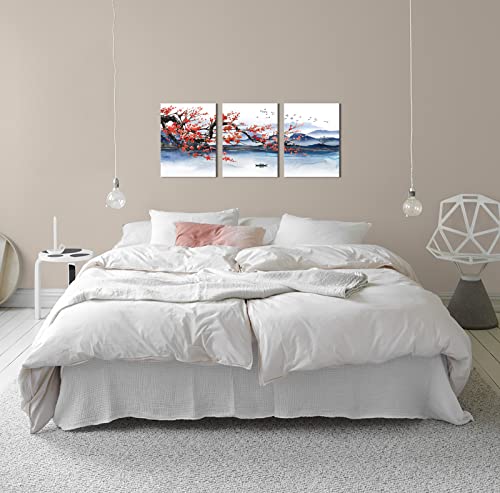 Canvas Art Wall Decor For Bedroom 3 Pieces Framed Wall Art Modern Wall Decor For Bathroom Mountain Lake Plum Blossom Theme Art Prints Modern Wall Art Artwork For Kitchen Home Walls 12X16 Each Panel #TOP2