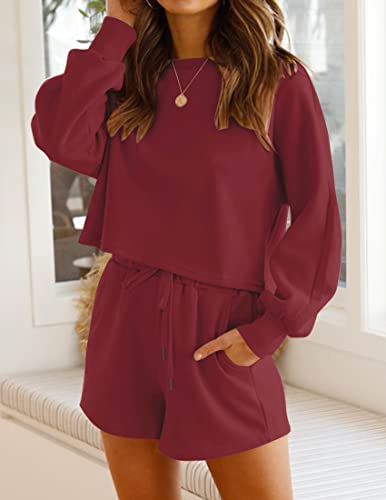 Zesica Women's Summer Two Piece Pajamas Set Casual Short Sleeve Crop Top And Shorts Sleepwear Sweatsuit Tracksuit With Pocket,Ls&Wine,Large #TOP2