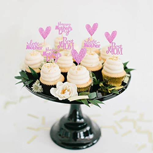Unimall Pack Of 24 Pink Glitter Best Mom Heart Love Mother Cupcake Topper Cupcake Picks For Mother's Day Party Decoration #TOP6