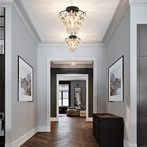 Aoceley Black Crystal Chandelier Semi Flush Mount Ceiling Light Fixture Dimmable Chandelier For Closet Entryway Hallway Bedroom Bathroom,E26 Base #TOP6