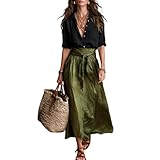 Genérico Conjunto de falda de 2 piezas para mujer: Blusa bohemia de verano con cuello en V y falda midi fluida de satén con cinturón. Elegante, ideal para la oficina (Black-Green,3XL)