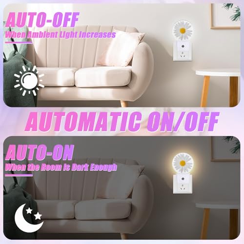 Image of Daisy Night Light Chamomile Night Lights LED Lamp Round Plug into Wall Nightlight with Dusk to Dawn Sensor Home Hallway Stairway Kitchen Decor