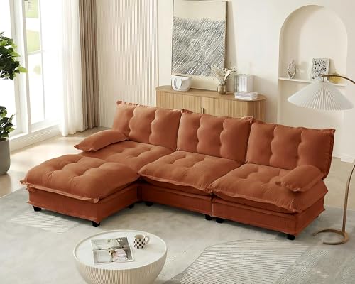 Image of 108 inch Sectional Sleeper Sofa with Ottoman, L Shaped Modular Deep Seat Couches for Living Room Apartment, Flexible Module Combination Cloud Sofa with Spring Support, Easy Assembly, Orange