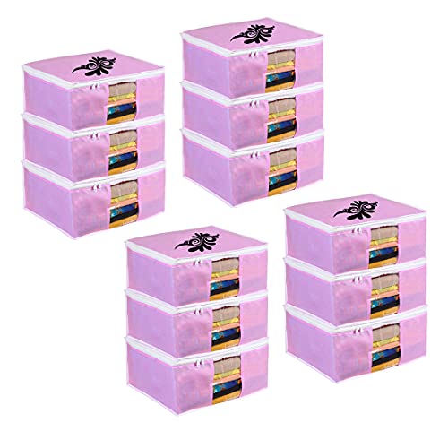 Image of PrettyKrafts Large Saree Cover With Creative Prints, Wardrobe Organiser, Clothes Cover & Storage, Zip Closure and Transparent Window | Clothes Storage Bag | Set of 12, Pink | Size: 40 x 35 x 20 cm