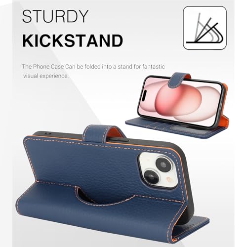 Etui coque pour iPhone 15 ELTEKER en cuir véritable bleu foncé à rabat