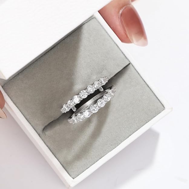 Finecreation_usa-14k white gold finish Sterling Silver Ring Enhancer, 2 Carat Two Row Wedding Band for Engagement Rings