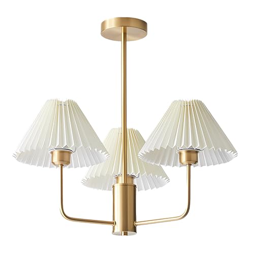 Pendant light fixtures avec abat-jour plissé blanc et suspension vintage dorée à 3 branches