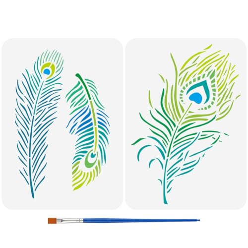 FINGERINSPIRE 2Pcs Pochoir de Peinture en Plumes de Paon de 21X29.7cm Avec Pinceau Pet Modèles de Dessin de Plumes D'Oiseaux Pochoirs à Motifs de Plumes...