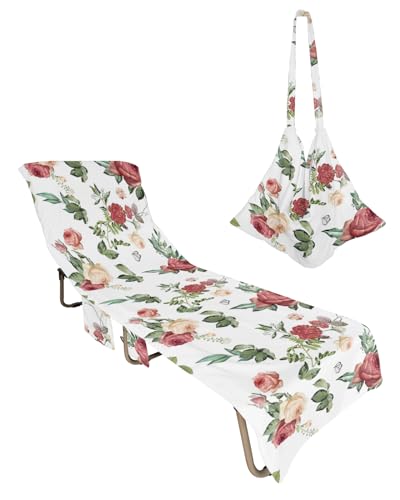 Red Spring Floral Beach Lounge Chair Towel Cover, Soft Chaise Lounge Towel with Side Pockets Patio Pool Chairs Cover for Beach/Pool Sunbathing 29x85 Summer Botanical Flowers Watercolor