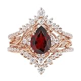 Garnet Engagement Rings Set for Women 1ct Pear Cut Garnet Rings 10K 14K 18K Vintage Leaf Garnet Wedding Ring Sets for Her Wedding Band 3pcs Anniversary Promise Ring