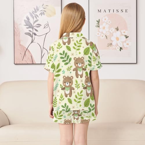ALAZA Cartoon Bear Leaf Blossom Pajamas Satin Pajama Set Short Sleeve Button Down Sleepwear4