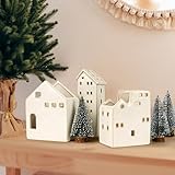 Sunlit Ceramic Christmas Village Sets of 3 Houses with 3 Tea Lights & 3 Frosted Trees, Christmas Decorations Indoor, Xmas Holiday Farmhouse Vintage Rustic Decor for Tabletop Mantle, Beige