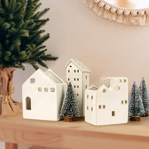 Sunlit Ceramic Christmas Village Sets of 3 Houses with 3 Tea Lights & 3 Frosted Trees, Christmas...