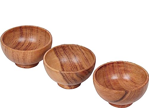 Image of Set of 3 Acacia Wood Small Bowls 4 fl oz | 3.25 * 2 inches | Hand Carved Wooden Kitchen Cups for Serving dips, Sauce, Nuts, Candy and Condiments | Cute mini Cups