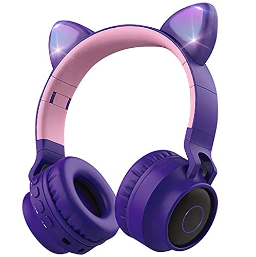 Wireless Bluetooth Kids Headphones, Aresrora Cat Ears Bluetooth Over Ear Headphones Volume Limiting,LED Lights, FM Radio, TF Card, Aux, Mic for iPhone/iPad/Kindle/Laptop/PC/TV (Purple)