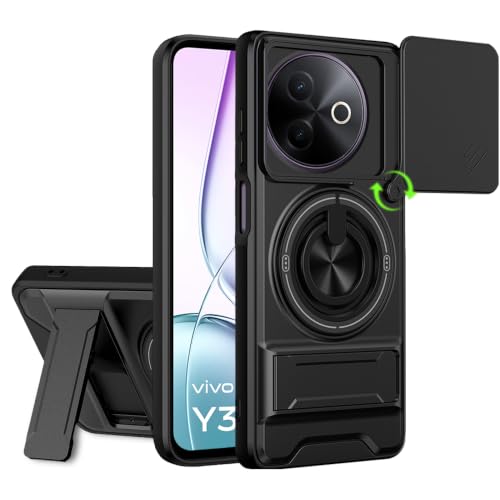Image of AESTMO VIvo Y39 5G Back Cover | Armor Camera Slider 360 Degree Rotating Finger Ring Holder Case with Bracket Stand Back Case Cover (Compatible with MagSafe Accessories) (Black)