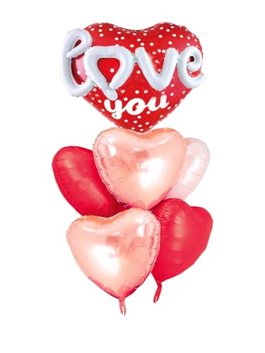 Image of Red Heart Shape Rose Gold Love You Balloons Pack Of 6 Foil Helium Mylar Balloons For Valentines Day Mothers Day Wedding Anniversary Decorations Bridal Shower Birthday Party