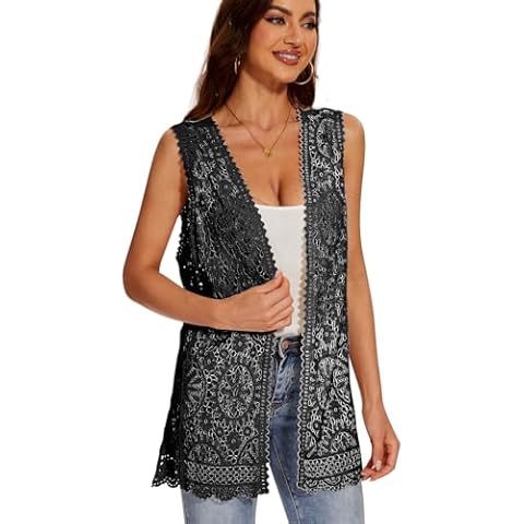 Women's Crochet Floral Boho Lace Trim Sleeveless Kimono Open Front Vest Cardigan Cover