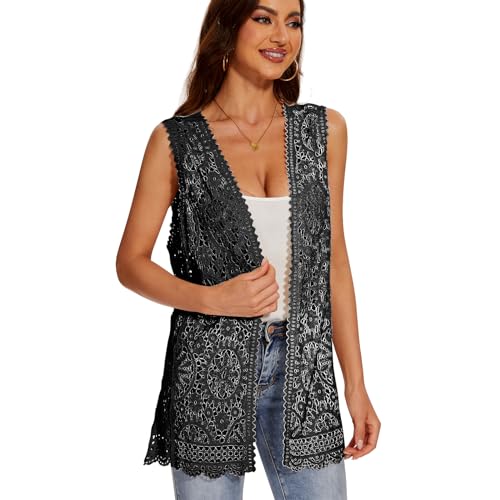 Cárdigan tipo kimono sin mangas con ribete de encaje floral de ganchillo para mujer, Negro-CC, Talla única