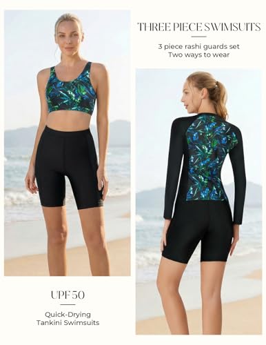 Image of JACK SMITH Women's 3 Piece Long Sleeve Rash Guard Swimsuits Zip Front Bathing Suit Tankini Swimsuits UPF 50