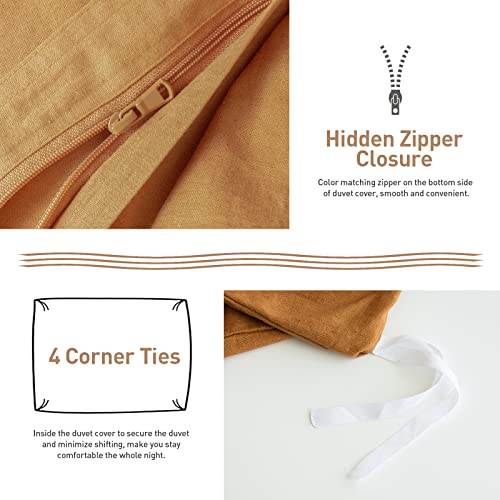 Biselina French Linen Duvet Cover Set 3Pcs With Hidden Zipper Closure Natural Flax Cotton Blend Solid Color Soft Breathable Luxury Farmhouse Bedding -Queen Size, Rust #TOP2