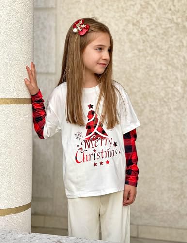 Image of Arshiner Girls Christmas Halloween Long Sleeve Shirts Graphic Stripe Plaid Patchwork Top Tee
