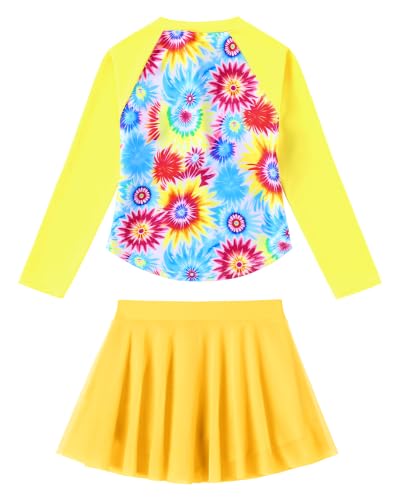 Image of Girls Rash Guard Swimsuit Long Sleeve Bathing Suits with Swim Skirt Shorts Two Piece Sun Protection Swimwear for 3-12 Years