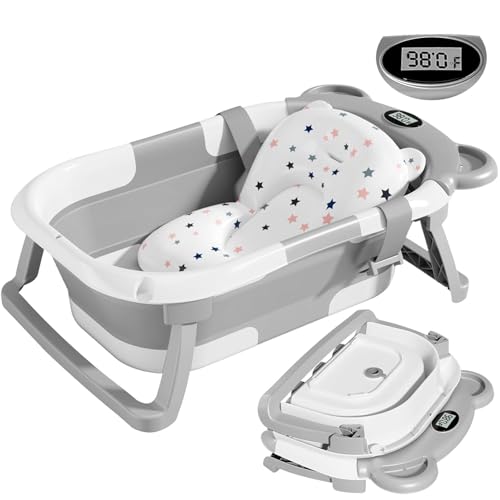Image of TPN Collapsible Baby Bathtub for Infants to Toddler with Real-time Temp Monitor+Floating Cushion,Foldable Baby Bath Tub Set Applicable 0-36 Month,Perfect Portable Travel Baby Tub for Newborns Boy