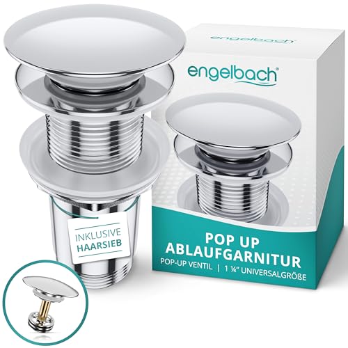 Engelbach Universal Waschbecken Ablaufgarnitur - Pop up Ablaufventil ohne Überlauf (Auch für Waschtische) Herausziehbarer Stöpsel mit Haarsieb - inklusive Einbauanleitung