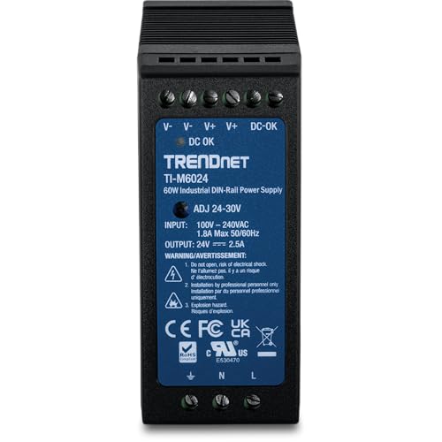 Image of TRENDnet 60W, 24V DC, 2.5A AC to DC DIN-Rail Power Supply, Universal AC Input, Extreme -20 to 70 C (-4 to 158 F) Operating Temp., TI-M6024