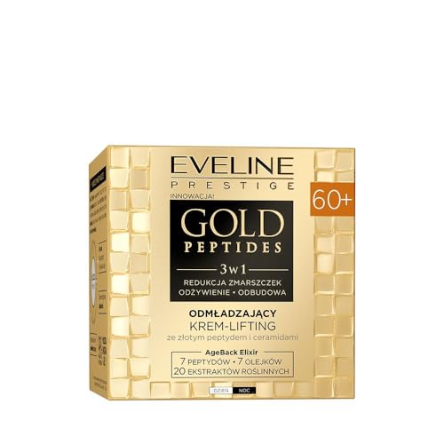 Eveline Cosmetics Gold Peptides Crema rejuvenecedora Lifting para 60+ con complejo de péptidos dorados y células madre PhytoCellTec - Fórmula antiarrugas, reafirmante e hidratante, 50 ml