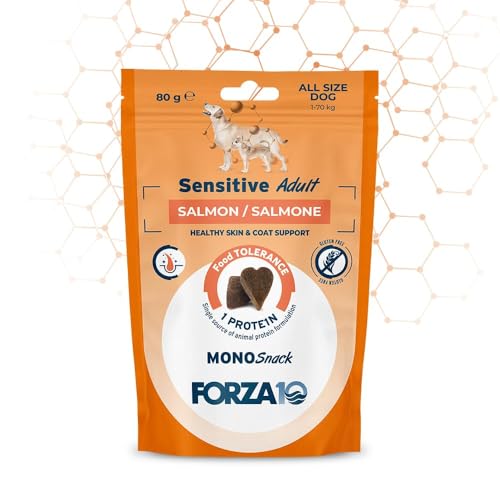 Forza 10 Snack Cane Sensitive Salmone, snack per cani adulti di tutte le taglie e razze, favorisce il benessere della cute e del pelo | 3 confezioni da 80 grammi l'una.