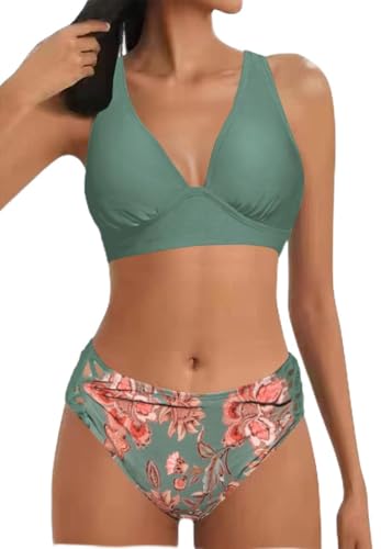 Mujer Traje de Baño de Dos Piezas Push-up Cuello en V Bañador Cintura Media Correas Laterales del Bikini Set Estampado Ropa de Playa Traje de Baño(Verdes-Flores,S)