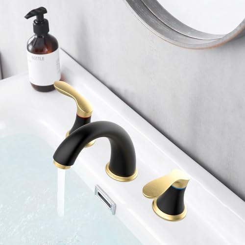 Bathroom Sink Faucet, Faucet for Bathroom Sink, Widespread Black and Gold Bathroom Faucet 3 Hole with Stainless Steel Pop Up Drain and cUPC Lead-Free Hose - (Black and Gold)