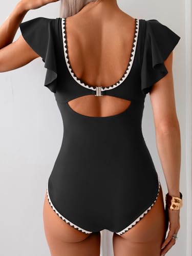 Image of Aidonger Women's One Piece Ruffle Swimsuit Tummy Control Bathing Suit V Neck Shell Stitched Swim Suit Slimming Swimwear Black and White