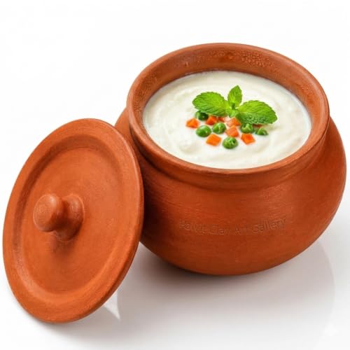 Image of Bhanvi 500ml Unpolished Clay Curd Pot | Dahi Bowl | Serving Bowl | Mud /Mitti /Terracotta Handi | Handmade Yogurt Handi with Lid | 500 ml Small Pot for Kitchen with Lid (Mathni, 500 ml)