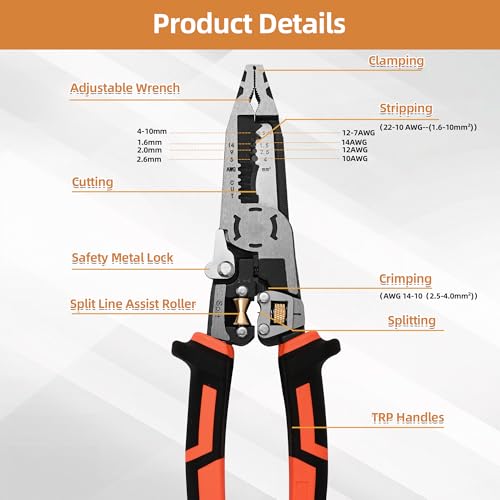 Image of Wire Stripper Wire Crimping Tool - 10-in-1 Versatile Wire Cutter Crimper Cable Stripper AWG 22-10 Heavy Duty Wire Stripper Cutter Pliers Tool for Splitting,Stripping,Cutting,Crimping,Clamping
