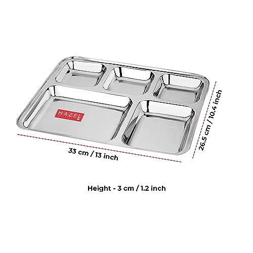 Image of HAZEL Stainless Steel 5 Compartment Mess Plate | Rectangle Bhojan Thali with Square Holes, Set of 1