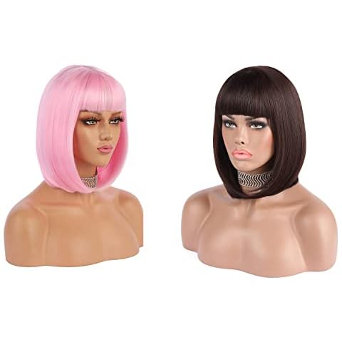 eNilecor Short Bob Wigs,Light Pink &Dark Brown Wigs,12" Straight with Flat Bangs Cover