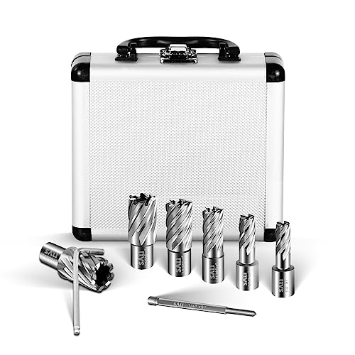Image of SALI Annular Cutter Set 6 pcs, Weldon Shank 3/4”, Cutting Depth 1”, Outside Diameter 1/2 to 1-1/16 Inch, Mag Drill Bits Kit for Magnetic Drill Press HSS Fully Ground Drill with 1/4”*3” Pilot Pin and