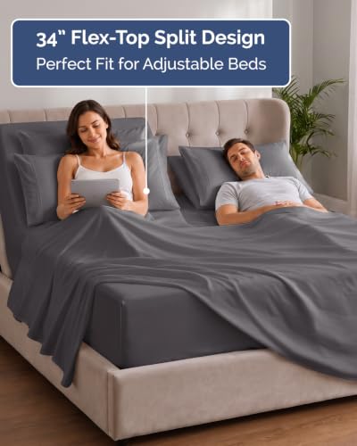 Image of Extra Deep Flex Top Split Head King Sheet Set - 6 Piece Breathable and Cooling Sheets - Hotel Luxury Bedding for Women, Men, Kids & Teens - Easy Secure Fit - Extra Deep Pockets - Dark Grey