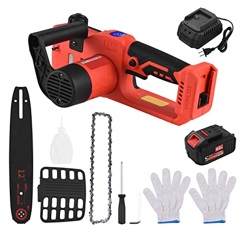 Mini motosierra, Motosierra inalámbrica sin escobillas de 21V, motosierra eléctrica de 12 pulgadas, sierra de poda manual, podadora de ramas recargable de 4,0 Ah, tijeras de podar para ramas de árbole