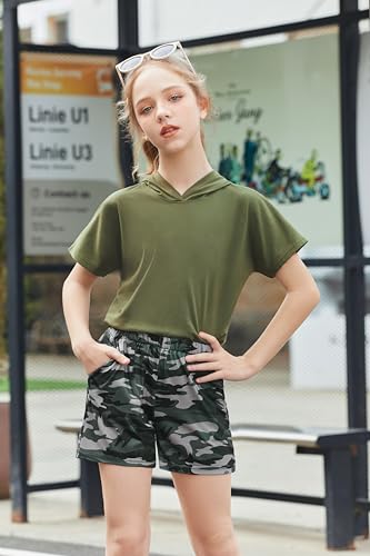 Image of Girls Summer Outfits Kids Hooded-Shirts and Elastic Waist Shorts Sets | short sleeve drop shoulder hooded shirt and shorts with two pockets tie dye leopard letter