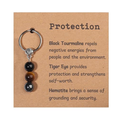 Drogomen Protection Keychain for Women, Triple Protection Natural Gemstone Keychain Gifts Tiger Eye Hematite Black Obsidian Stone Healing Crystal Gifts for Good Luck and Prosperity (PR)