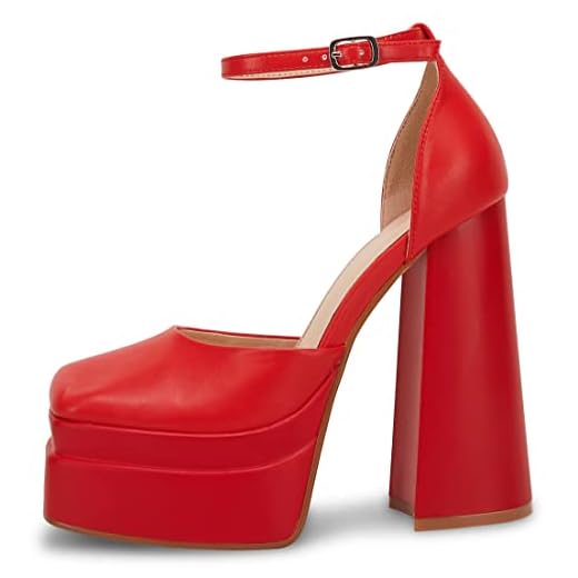 Womens Platform Chunky High Block Heels Ankle Strap Closed Square Toe Pumps Office Dress Wedding Party Club Night Shoes Red 8.5