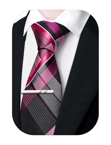 Image of Barry.Wang Plaid Ties Mens Silk Necktie and Tie Clip Checkered Tie for Wedding Party Business Formal