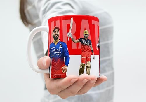 Image of Cricket Theme Coffee Mug IPL Edition - Stylish Helicopter Shot Print Cup - Gift for Cricket Fans, Boys & Friends (virat-3 RCB)