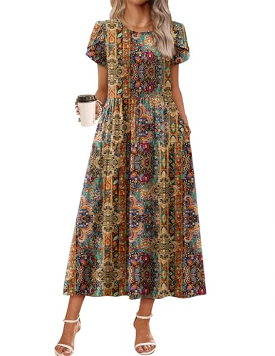 Image of Zeagoo Summer Dresses for Women 2026 Maxi Bohemian Floral Short Sleeve Long Dress Casual Flowy Tired Beach Sundress