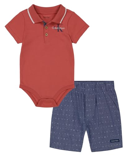Calvin Klein Baby Boy's 2-Piece Polo and Short Set, Rose/Chambray, 12 Months